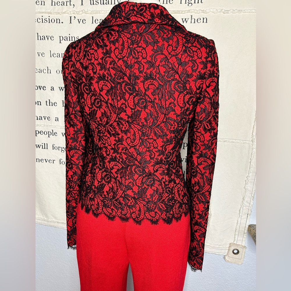 St.John floral lace jacket in Crimson with red Santana knit pants - Picture 5 of 6